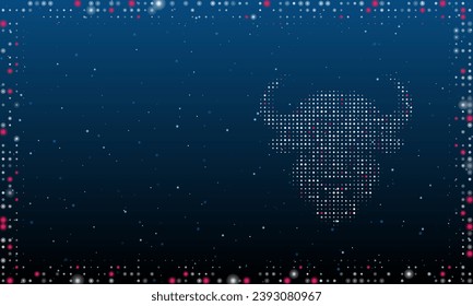 On the right is the buffalo head symbol filled with white dots. Pointillism style. Abstract futuristic frame of dots and circles. Some dots is pink. Vector illustration on blue background with stars