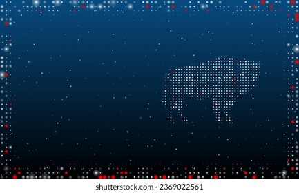 On the right is the buffalo symbol filled with white dots. Pointillism style. Abstract futuristic frame of dots and circles. Some dots is red. Vector illustration on blue background with stars