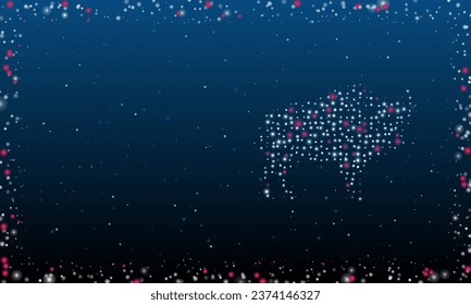 On the right is the buffalo symbol filled with white dots. Pointillism style. Abstract futuristic frame of dots and circles. Some dots is pink. Vector illustration on blue background with stars