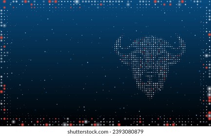 On the right is the buffalo symbol filled with white dots. Pointillism style. Abstract futuristic frame of dots and circles. Some dots is red. Vector illustration on blue background with stars