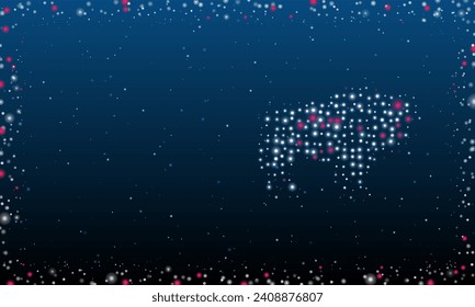 On the right is the buffalo symbol filled with white dots. Pointillism style. Abstract futuristic frame of dots and circles. Some dots is pink. Vector illustration on blue background with stars