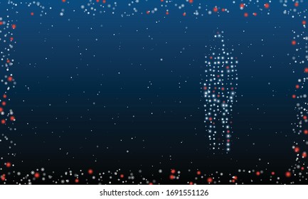 On the right is the burkini symbol filled with white dots. Abstract futuristic frame of white dots and circles. Some dots is red. Vector illustration on blue background with stars