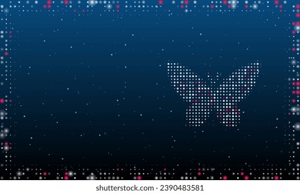 On the right is the butterfly symbol filled with white dots. Pointillism style. Abstract futuristic frame of dots and circles. Some dots is pink. Vector illustration on blue background with stars