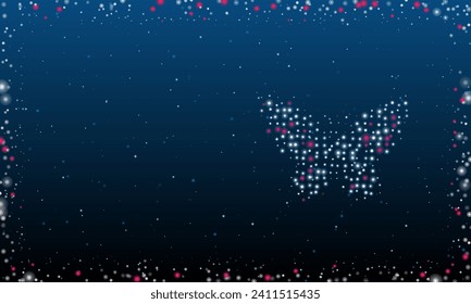 On the right is the butterfly symbol filled with white dots. Pointillism style. Abstract futuristic frame of dots and circles. Some dots is pink. Vector illustration on blue background with stars