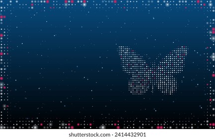 On the right is the butterfly symbol filled with white dots. Pointillism style. Abstract futuristic frame of dots and circles. Some dots is pink. Vector illustration on blue background with stars