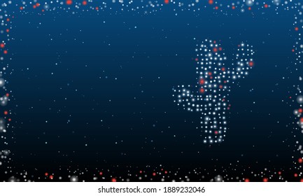 On the right is the cactus symbol filled with white dots. Pointillism style. Abstract futuristic frame of dots and circles. Some dots is red. Vector illustration on blue background with stars