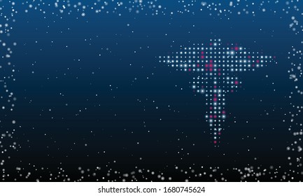 Auf der rechten Seite befindet sich das mit weißen Punkten gefüllte Caduceus-Symbol. Abstrakter futuristischer Rahmen aus weißen Punkten und Kreisen. Einige Punkte sind rosa. Vektorillustration auf blauem Hintergrund mit Sternen