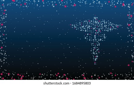 On the right is the caduceus symbol filled with white dots. Abstract futuristic frame of white dots and circles. Some dots is pink. Vector illustration on blue background with stars