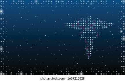 On the right is the caduceus symbol filled with white dots. Abstract futuristic frame of white dots and circles. Some dots is pink. Vector illustration on blue background with stars