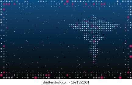 On the right is the caduceus symbol filled with white dots. Abstract futuristic frame of white dots and circles. Some dots is pink. Vector illustration on blue background with stars