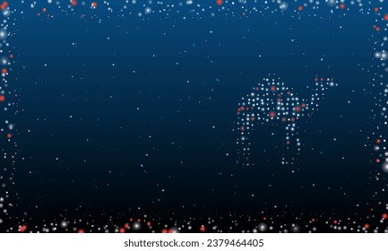 On the right is the camel symbol filled with white dots. Pointillism style. Abstract futuristic frame of dots and circles. Some dots is red. Vector illustration on blue background with stars