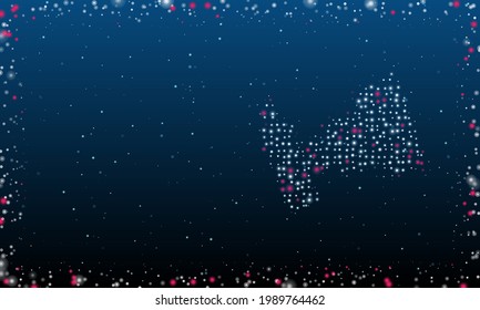 On the right is the camera symbol filled with white dots. Pointillism style. Abstract futuristic frame of dots and circles. Some dots is pink. Vector illustration on blue background with stars