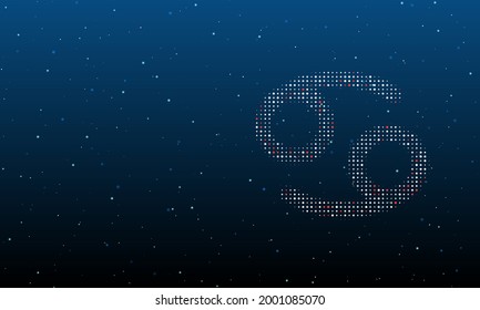 On the right is the cancer zodiac symbol filled with white dots. Background pattern from dots and circles of different shades. Vector illustration on blue background with stars