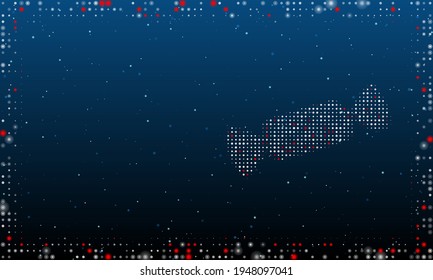 On the right is the candy symbol filled with white dots. Pointillism style. Abstract futuristic frame of dots and circles. Some dots is red. Vector illustration on blue background with stars