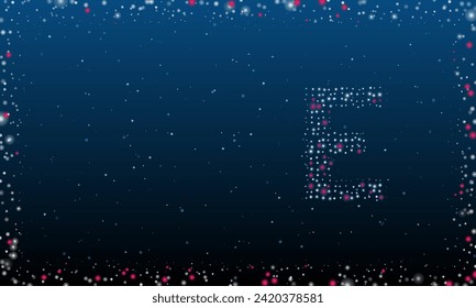 On the right is the capital letter E symbol filled with white dots. Abstract futuristic frame of dots and circles. Vector illustration on blue background with stars