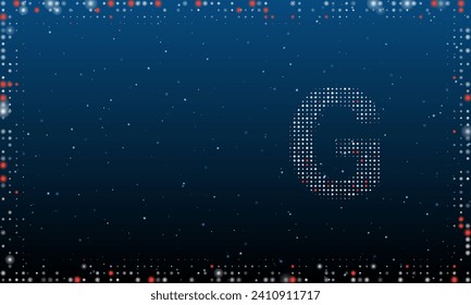 On the right is the capital letter G symbol filled with white dots. Abstract futuristic frame of dots and circles. Vector illustration on blue background with stars