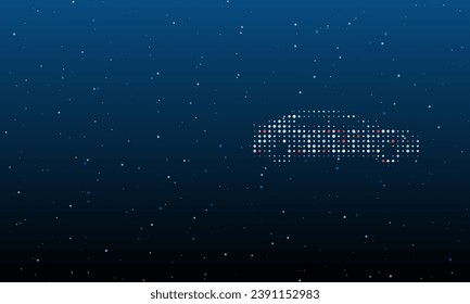 On the right is the car symbol filled with white dots. Background pattern from dots and circles of different shades. Vector illustration on blue background with stars