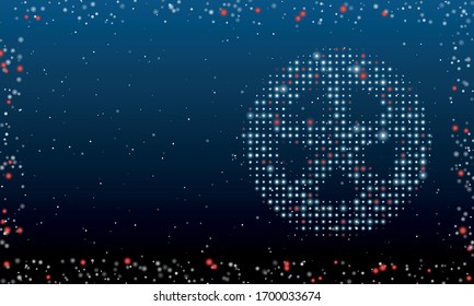 On the right is the car wheel symbol filled with white dots. Abstract futuristic frame of white dots and circles. Some dots is red. Vector illustration on blue background with stars