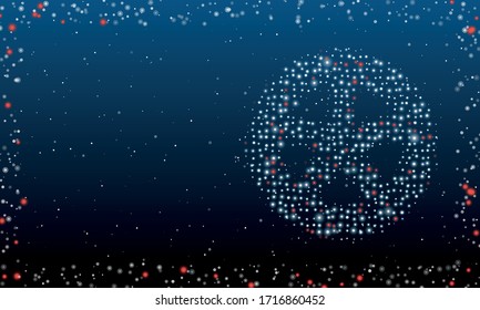 On the right is the car wheel symbol filled with white dots. Abstract futuristic frame of white dots and circles. Some dots is red. Vector illustration on blue background with stars