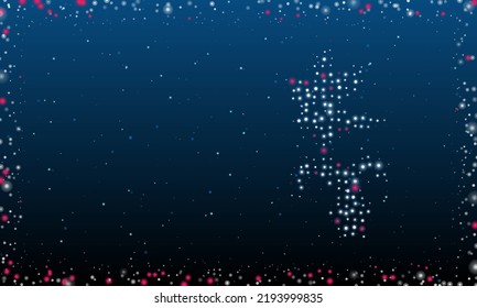 On the right is the carnivorous plant symbol filled with white dots. Abstract futuristic frame of dots and circles. Vector illustration on blue background with stars