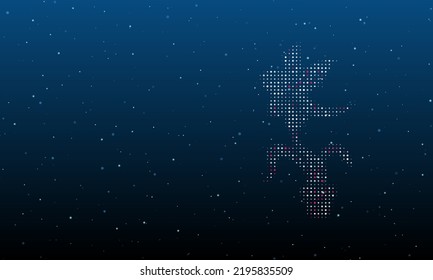 On the right is the carnivorous plant symbol filled with white dots. Background pattern from dots and circles of different shades. Vector illustration on blue background with stars