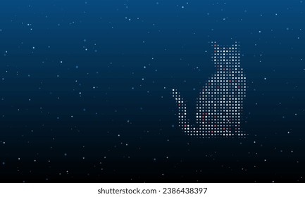 A la derecha está el símbolo del gato lleno de puntos blancos. Patrón de fondo de puntos y círculos de diferentes matices. Ilustración vectorial sobre fondo azul con estrellas