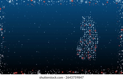 On the right is the cat symbol filled with white dots. Pointillism style. Abstract futuristic frame of dots and circles. Some dots is red. Vector illustration on blue background with stars