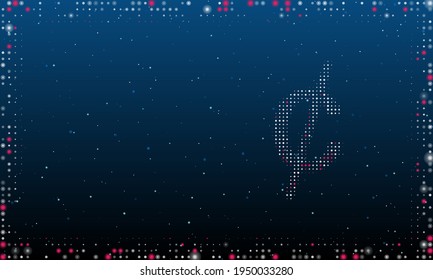 On the right is the cent symbol filled with white dots. Pointillism style. Abstract futuristic frame of dots and circles. Some dots is pink. Vector illustration on blue background with stars