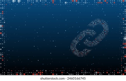 On the right is the chain symbol filled with white dots. Pointillism style. Abstract futuristic frame of dots and circles. Some dots is red. Vector illustration on blue background with stars