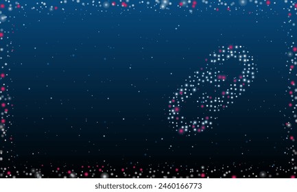 On the right is the chain symbol filled with white dots. Pointillism style. Abstract futuristic frame of dots and circles. Some dots is pink. Vector illustration on blue background with stars