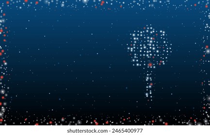 On the right is the chamomile symbol filled with white dots. Pointillism style. Abstract futuristic frame of dots and circles. Some dots is red. Vector illustration on blue background with stars