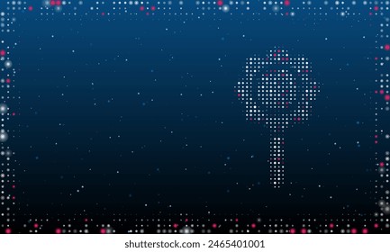 On the right is the chamomile symbol filled with white dots. Pointillism style. Abstract futuristic frame of dots and circles. Some dots is pink. Vector illustration on blue background with stars