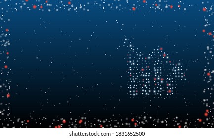 On the right is the chart down symbol filled with white dots. Abstract futuristic frame of dots and circles. Some dots is red. Vector illustration on blue background with stars