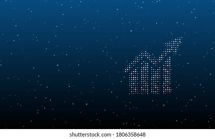 On the right is the chart up symbol filled with white dots. Background pattern from dots and circles of different shades. Some dots is red. Vector illustration on blue background with stars