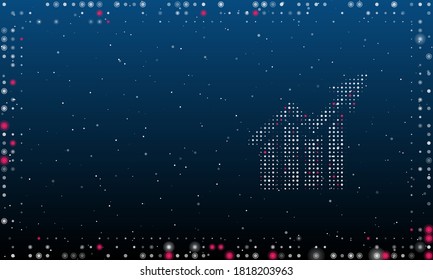 On the right is the chart up symbol filled with white dots. Abstract futuristic frame of dots and circles. Some dots is pink. Vector illustration on blue background with stars