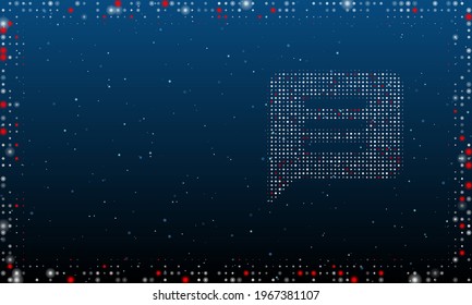 On the right is the chat symbol filled with white dots. Pointillism style. Abstract futuristic frame of dots and circles. Some dots is red. Vector illustration on blue background with stars