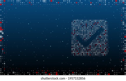 On the right is the checkbox symbol filled with white dots. Pointillism style. Abstract futuristic frame of dots and circles. Some dots is red. Vector illustration on blue background with stars