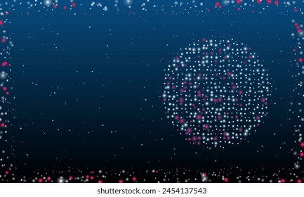 On the right is the checker game symbol filled with white dots. Pointillism style. Abstract futuristic frame of dots and circles. Some dots is pink. Vector illustration on blue background with stars