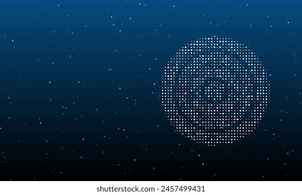 On the right is the checker game symbol filled with white dots. Background pattern from dots and circles of different shades. Vector illustration on blue background with stars