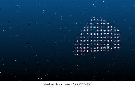 On the right is the cheese symbol filled with white dots. Background pattern from dots and circles of different shades. Vector illustration on blue background with stars