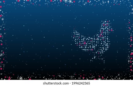 On the right is the chicken symbol filled with white dots. Pointillism style. Abstract futuristic frame of dots and circles. Some dots is pink. Vector illustration on blue background with stars