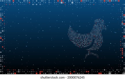 On the right is the chicken symbol filled with white dots. Pointillism style. Abstract futuristic frame of dots and circles. Some dots is red. Vector illustration on blue background with stars