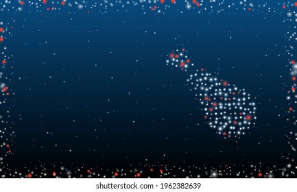 On the right is the chicken's leg symbol filled with white dots. Pointillism style. Abstract futuristic frame of dots and circles. Some dots is red. Vector illustration on blue background with stars