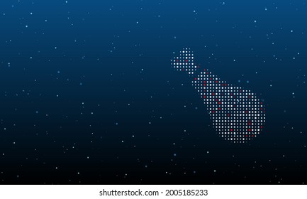 On the right is the chicken's leg symbol filled with white dots. Background pattern from dots and circles of different shades. Vector illustration on blue background with stars