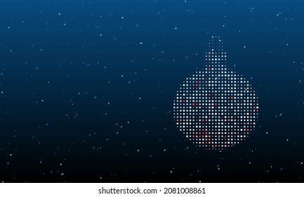 On the right is the Christmas tree toy symbol filled with white dots. Background pattern from dots and circles of different shades. Vector illustration on blue background with stars