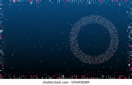 On the right is the circle symbol filled with white dots. Pointillism style. Abstract futuristic frame of dots and circles. Some dots is pink. Vector illustration on blue background with stars