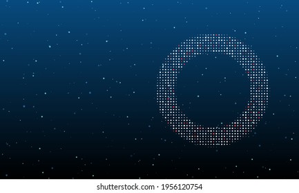 On the right is the circle symbol filled with white dots. Background pattern from dots and circles of different shades. Vector illustration on blue background with stars