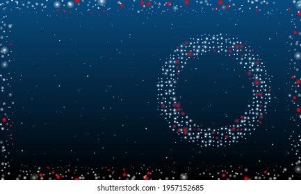 On the right is the circle symbol filled with white dots. Pointillism style. Abstract futuristic frame of dots and circles. Some dots is red. Vector illustration on blue background with stars
