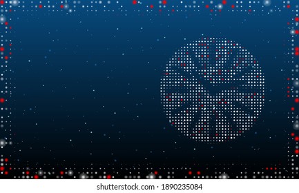 On the right is the clock symbol filled with white dots. Pointillism style. Abstract futuristic frame of dots and circles. Some dots is red. Vector illustration on blue background with stars
