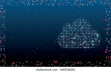 On the right is the cloud symbol filled with white dots. Abstract futuristic frame of white dots and circles. Some dots is red. Vector illustration on blue background with stars